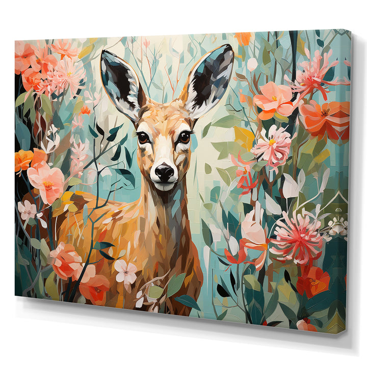Pink and green deer blooms - Deer Large Canvas Wall Art