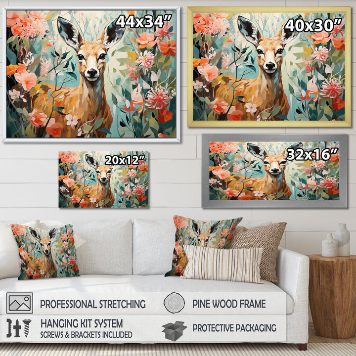 Pink and green deer blooms - Deer Large Canvas Wall Art