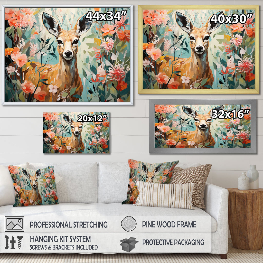 Pink and green deer blooms - Deer Large Canvas Wall Art