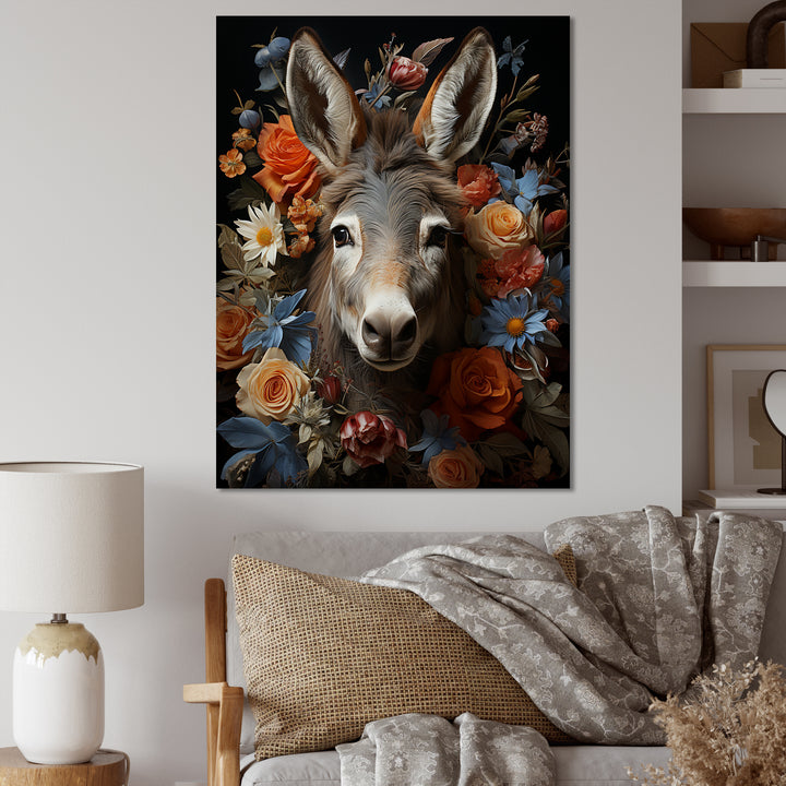 Cute Donkey with color flowers in harmony - Donkey Wall Art Prints