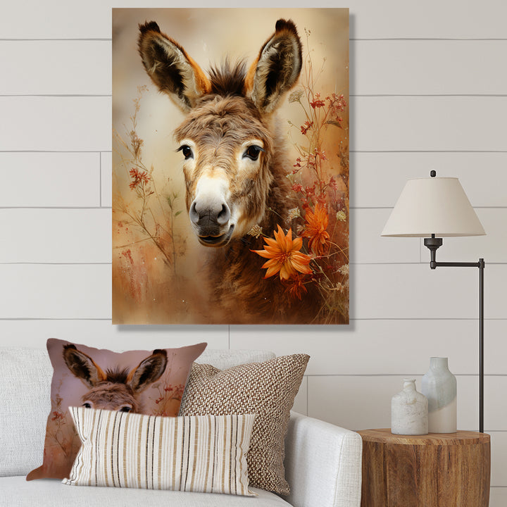Farmhouse Donkey portrait in autumn - Brown Donkey Wall Art