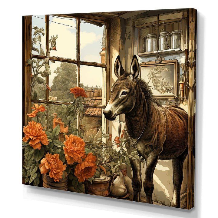 Vintage Donkey farm charm with Orange flowers - Animals Canvas Wall Art