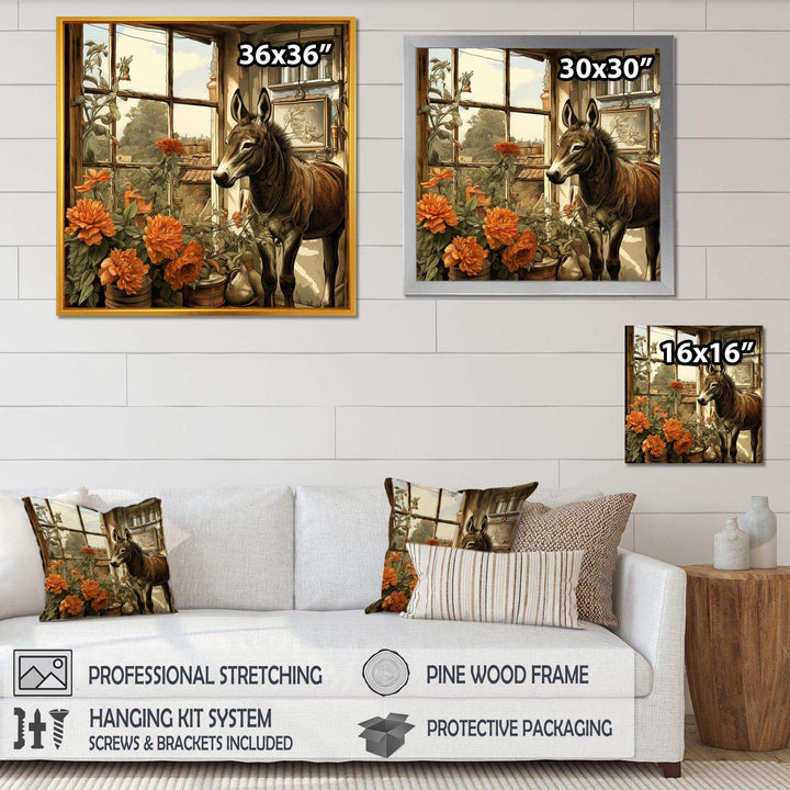 Vintage Donkey farm charm with Orange flowers - Animals Canvas Wall Art