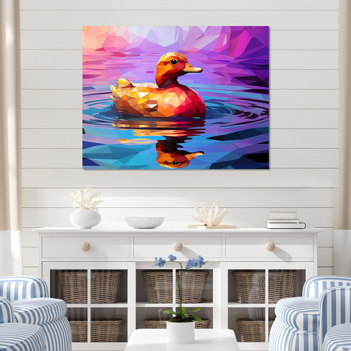 Yellow duck on purple lake - Duck Canvas Wall Art