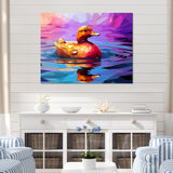 Yellow duck on purple lake - Duck Canvas Wall Art