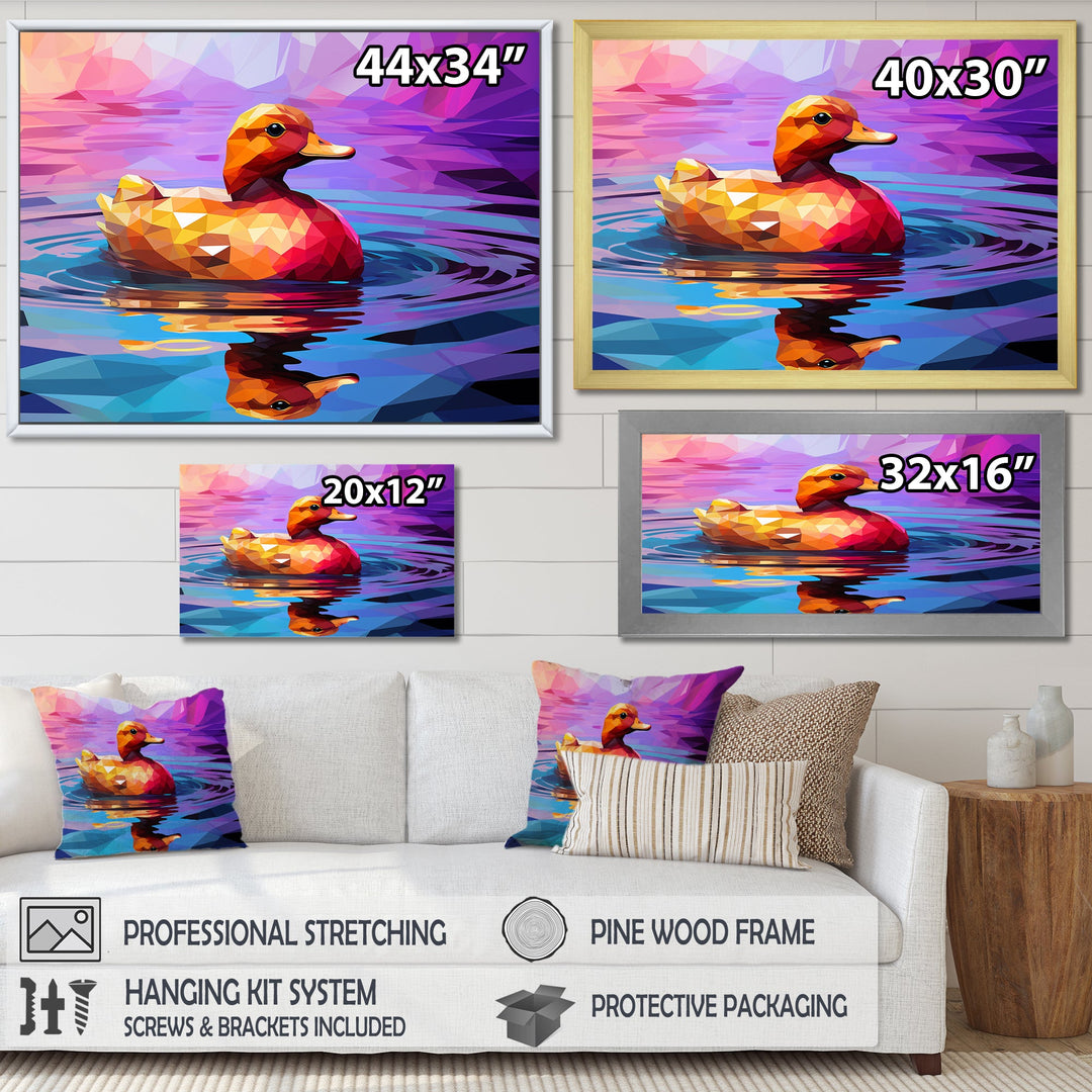 Yellow duck on purple lake - Duck Canvas Wall Art