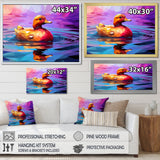 Yellow duck on purple lake - Duck Canvas Wall Art