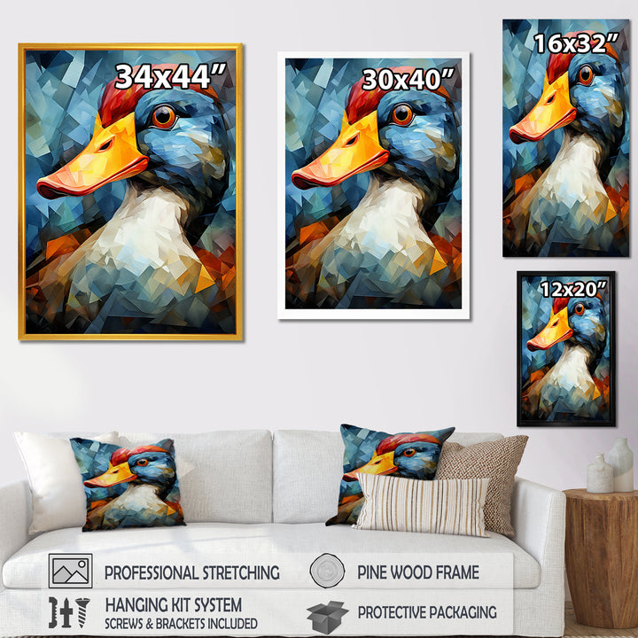 Cubist Quack duck portrait in blue and yellow - Duck Living Room Wall Art