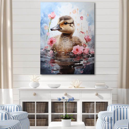 Cute Duck in Floral Elegance - Gray Duck Wall Art