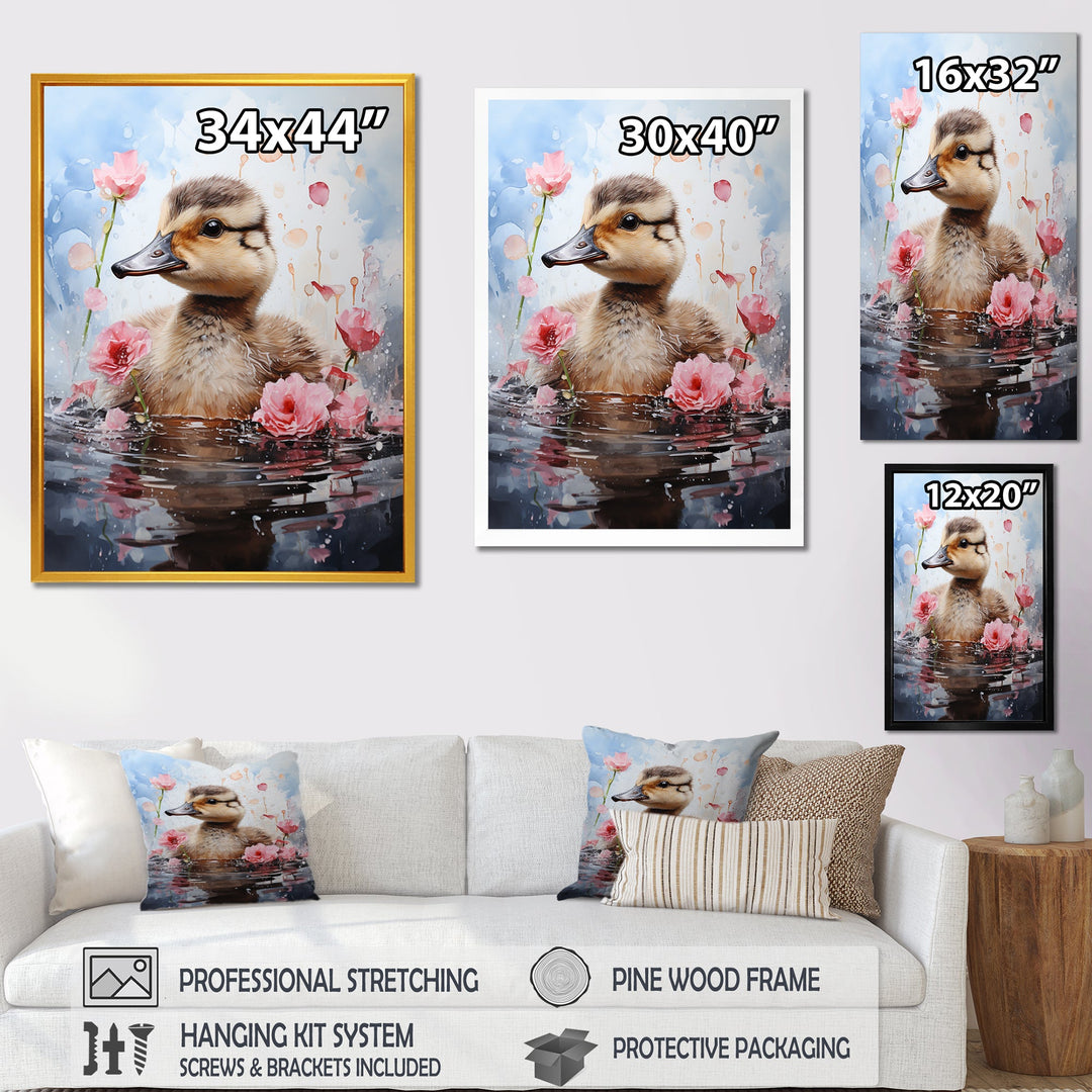 Cute Duck in Floral Elegance - Gray Duck Wall Art