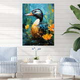 Moonlit duck in floral Elegance - Duck Framed Canvas Art