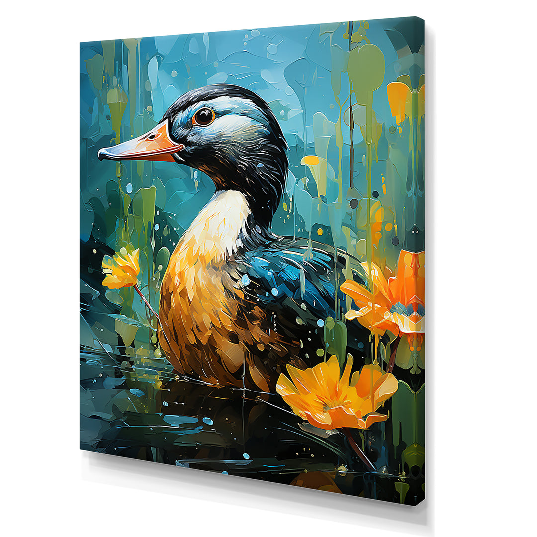 Moonlit duck in floral Elegance - Duck Framed Canvas Art