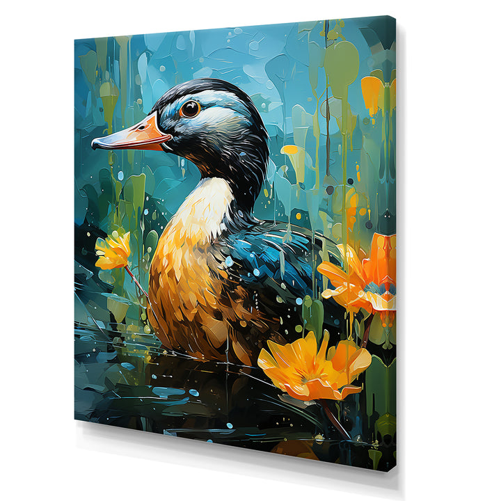 Moonlit duck in floral Elegance - Duck Framed Canvas Art