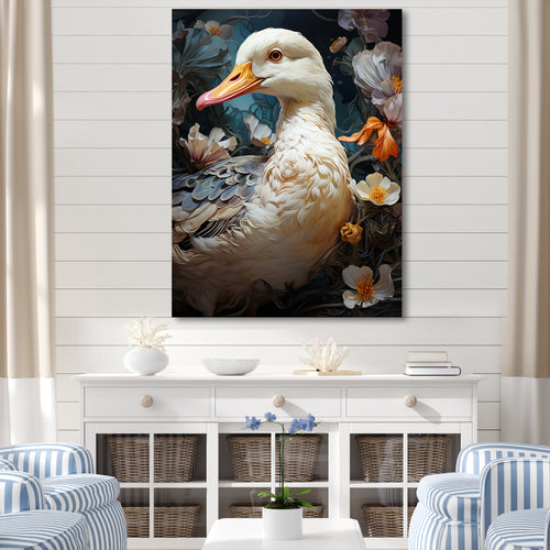White duck Feathered floral Elegance - Duck Large Canvas Wall Art