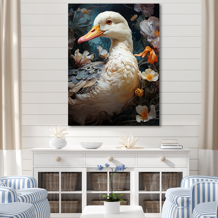 White duck Feathered floral Elegance - Duck Large Canvas Wall Art