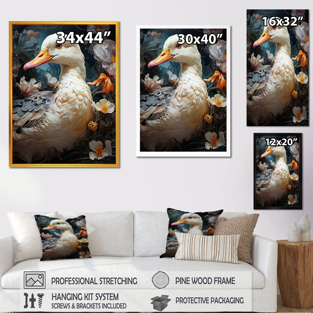 White duck Feathered floral Elegance - Duck Large Canvas Wall Art