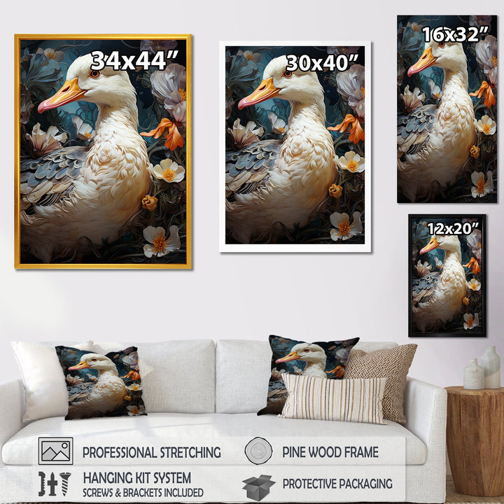 White duck Feathered floral Elegance - Duck Large Canvas Wall Art