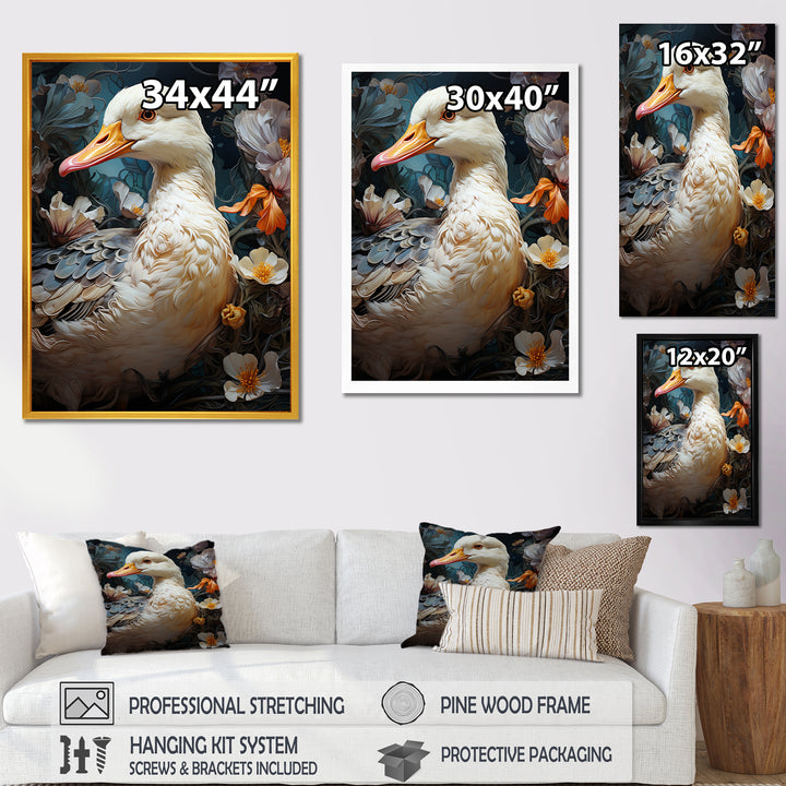 White duck Feathered floral Elegance - Duck Large Canvas Wall Art