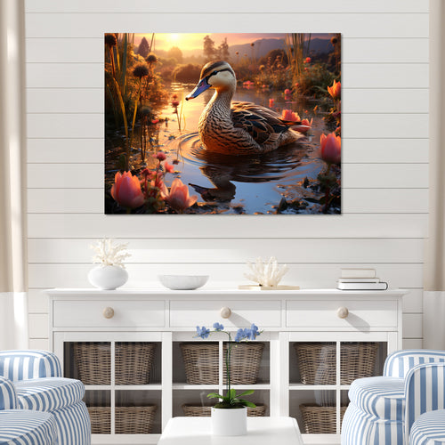 Brown duck Feathered floral Elegance - Duck Canvas Wall Art