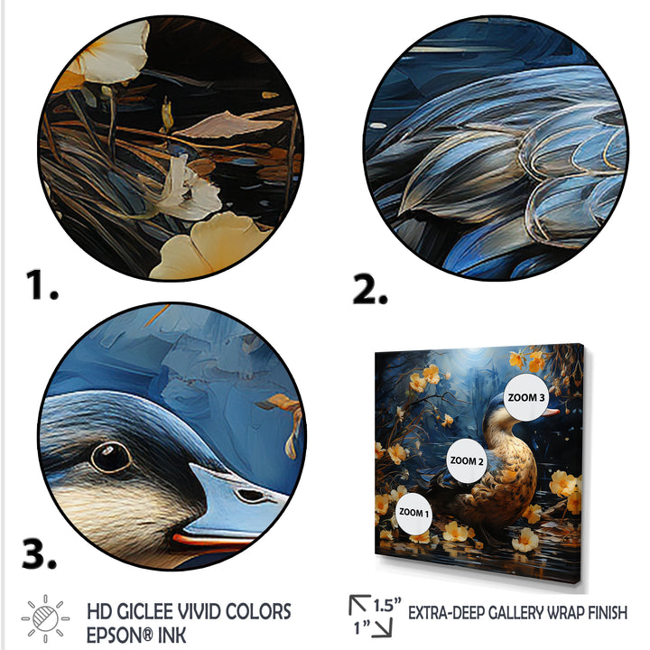 Blue and yellow duck floral Midnight Ponder - Duck Wall Art Prints