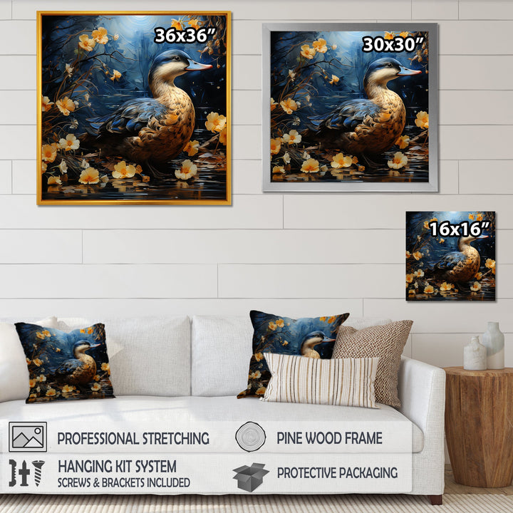 Blue and yellow duck floral Midnight Ponder - Duck Wall Art Prints