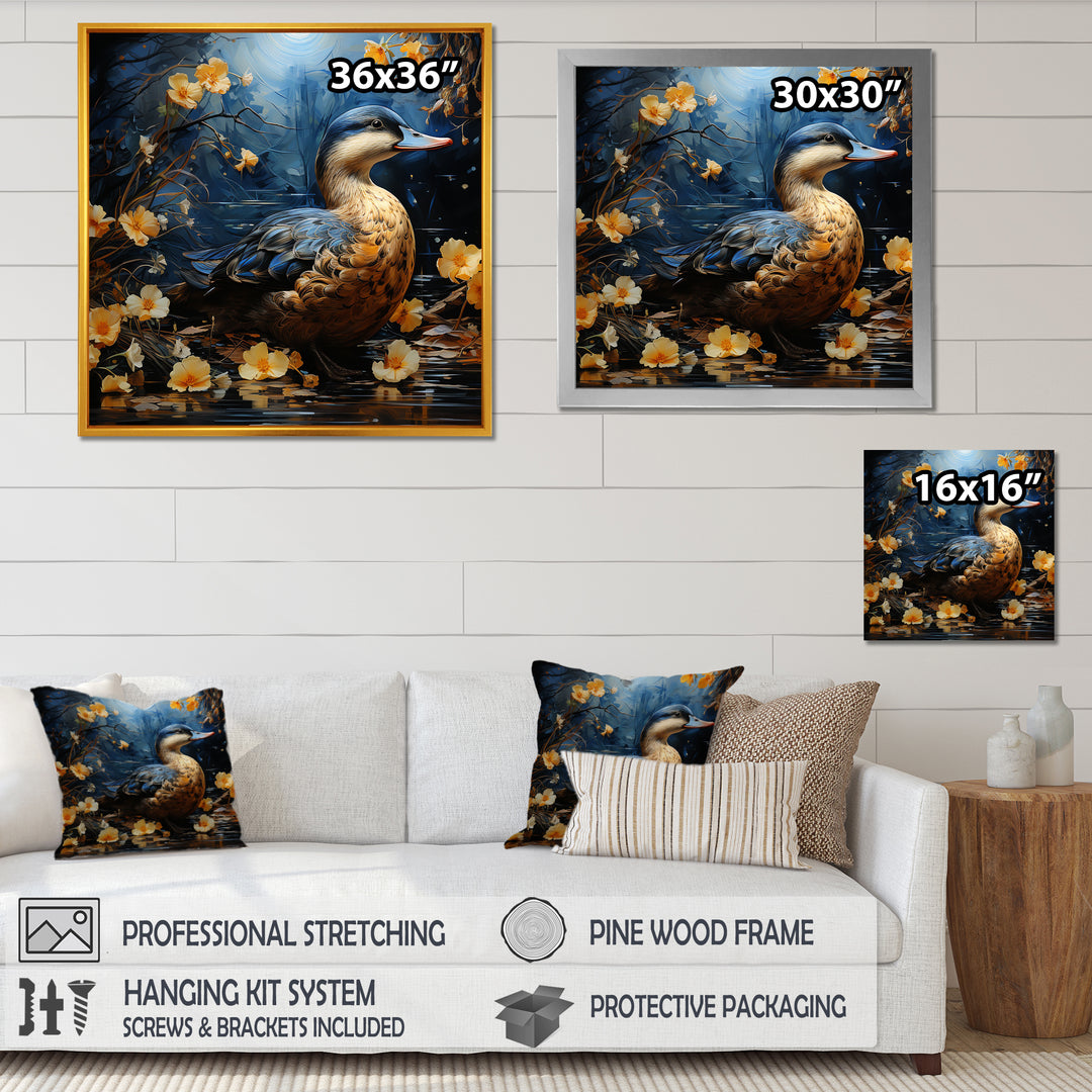 Blue and yellow duck floral Midnight Ponder - Duck Wall Art Prints
