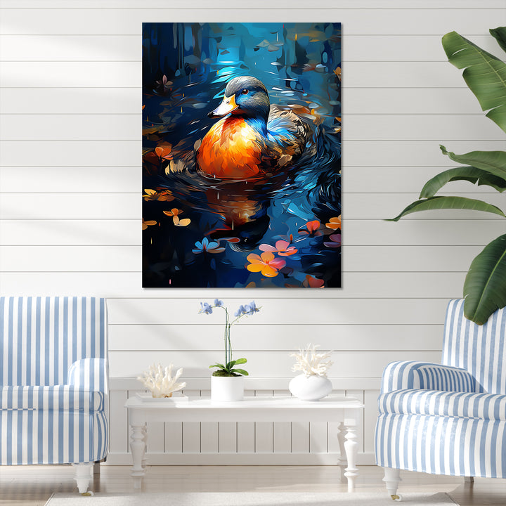 Blue and orange duck Morning Quack Lake - Duck Canvas Wall Art