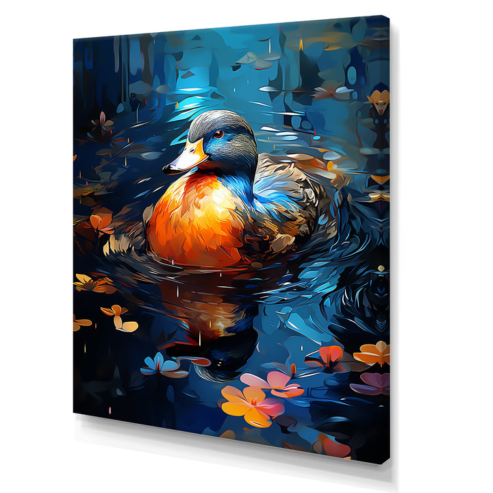 Blue and orange duck Morning Quack Lake - Duck Canvas Wall Art