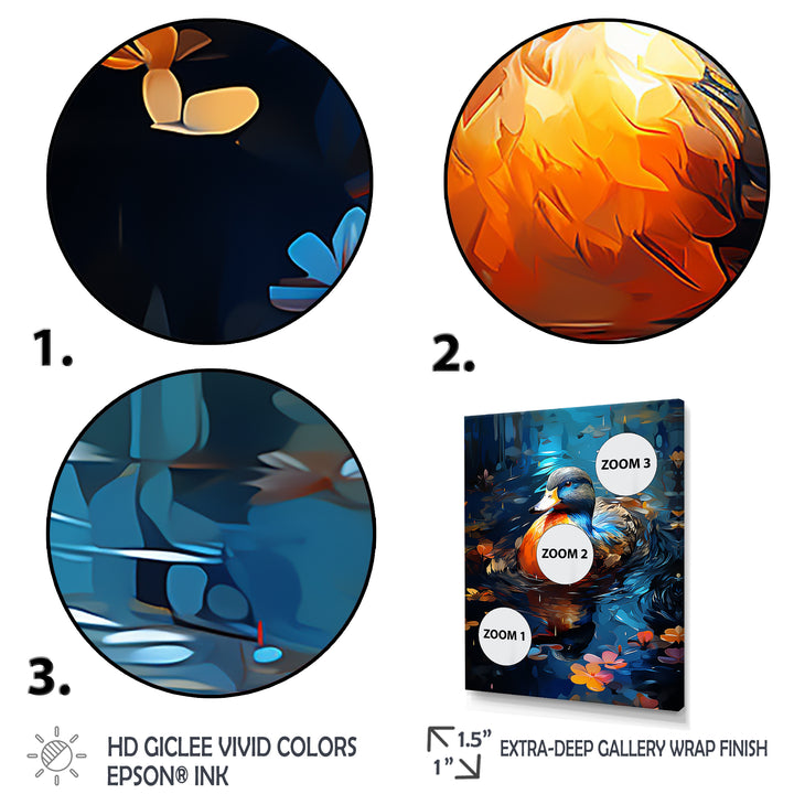 Blue and orange duck Morning Quack Lake - Duck Canvas Wall Art