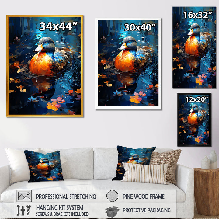 Blue and orange duck Morning Quack Lake - Duck Canvas Wall Art