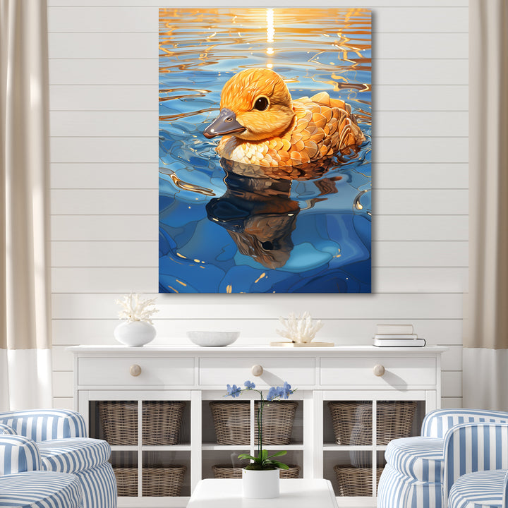 Swimming yellow duck in river - Duck Bedroom Wall Art