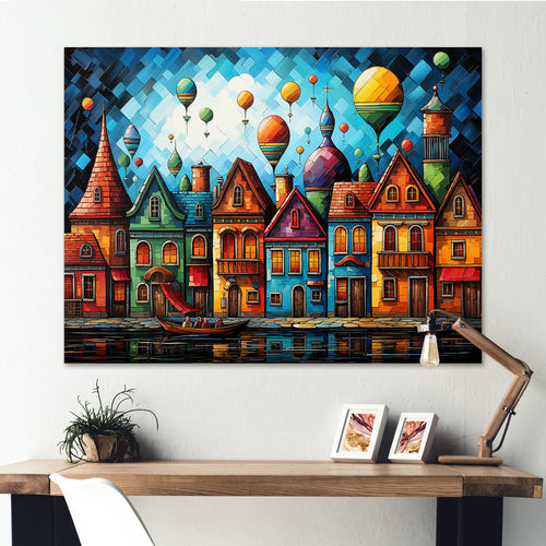 Fantasy air ballon village I - Hot Air Balloon Canvas Wall Art