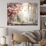 Pink Blossoming country window Gaze  I - Floral Canvas Wall Art