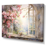 Pink Blossoming country window Gaze  I - Floral Canvas Wall Art