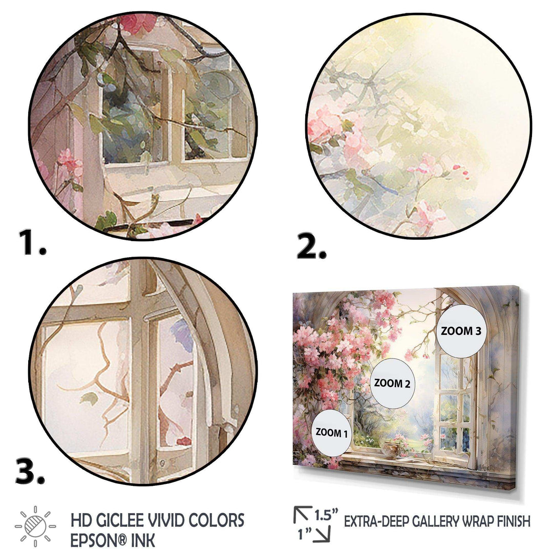 Pink Blossoming country window Gaze  I - Floral Canvas Wall Art