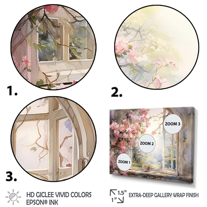 Pink Blossoming country window Gaze  I - Floral Canvas Wall Art