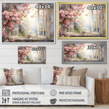 Pink Blossoming country window Gaze  I - Floral Canvas Wall Art