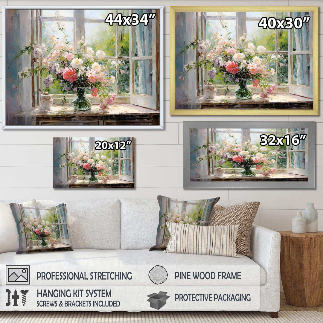 Delicate vintage flower french windows view IV - Floral Canvas Wall Art