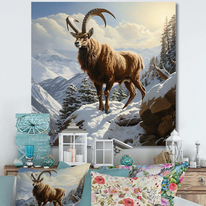 Minimalist goat winter mountain adventure - Animals Canvas Wall Art