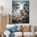 White and blue vintage goat floral portrait - Goat Living Room Wall Art