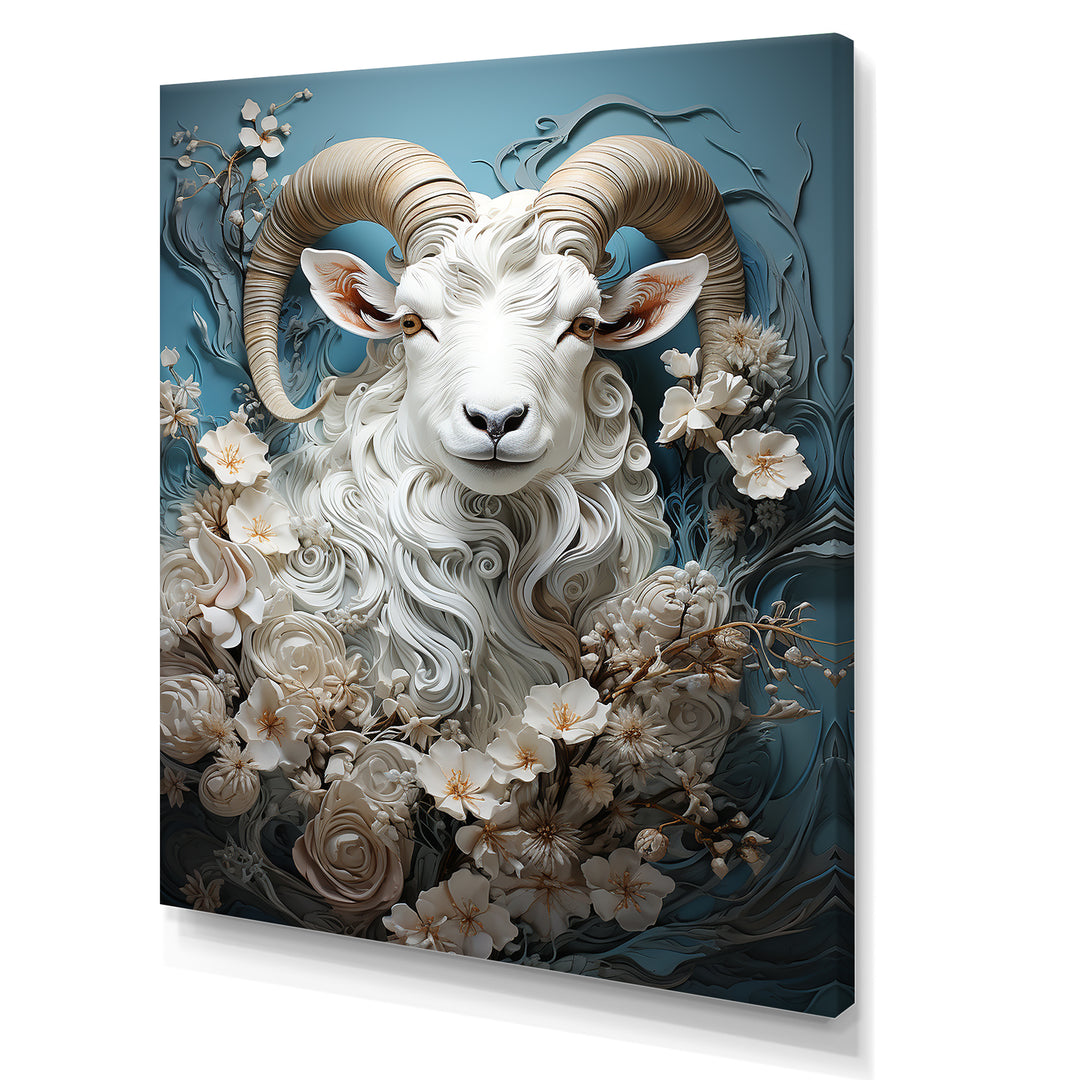 White and blue vintage goat floral portrait - Goat Living Room Wall Art