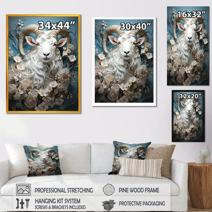 White and blue vintage goat floral portrait - Goat Living Room Wall Art