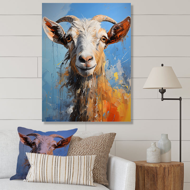 White and blue pop art goat portrait - Goat Bedroom Wall Art