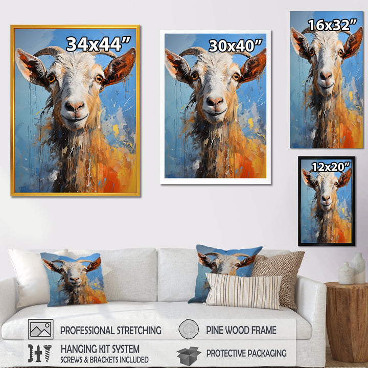 White and blue pop art goat portrait - Goat Bedroom Wall Art
