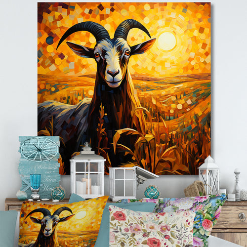 Yellow Sunset meadow goat - Goat Canvas Wall Art