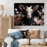 White and pink floral goat portrait - Goat Wall Art Prints