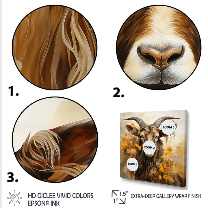 Yellow and brown Goat floral meadow - Goat Living Room Wall Art