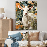 White goat portrait with summer flower - Goat Canvas Wall Art