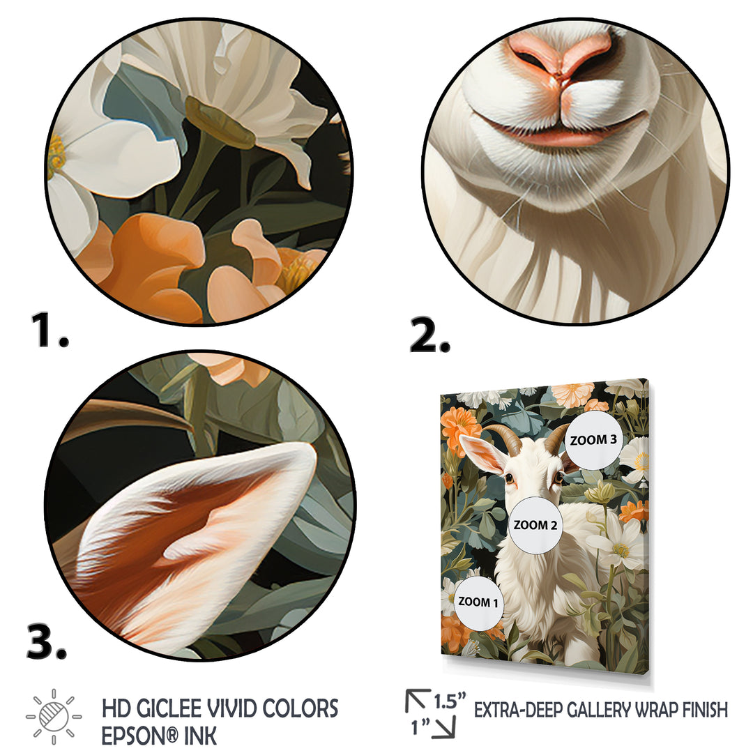 White goat portrait with summer flower - Goat Canvas Wall Art