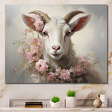 White Billy goat in pink floral Coller - Goat Canvas Wall Art